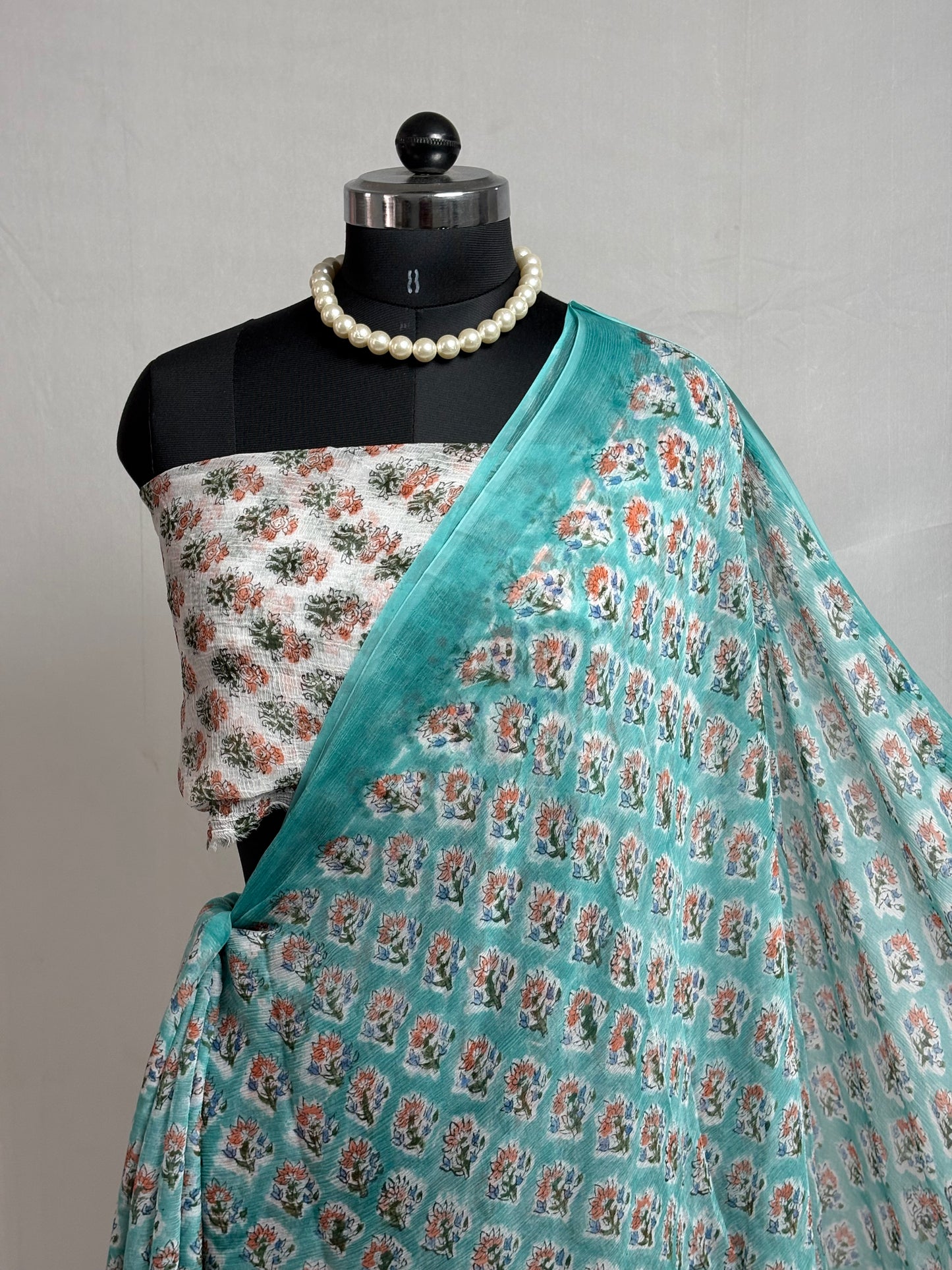 Hand Block Print Saree | Pure Chiffon | Sea Green