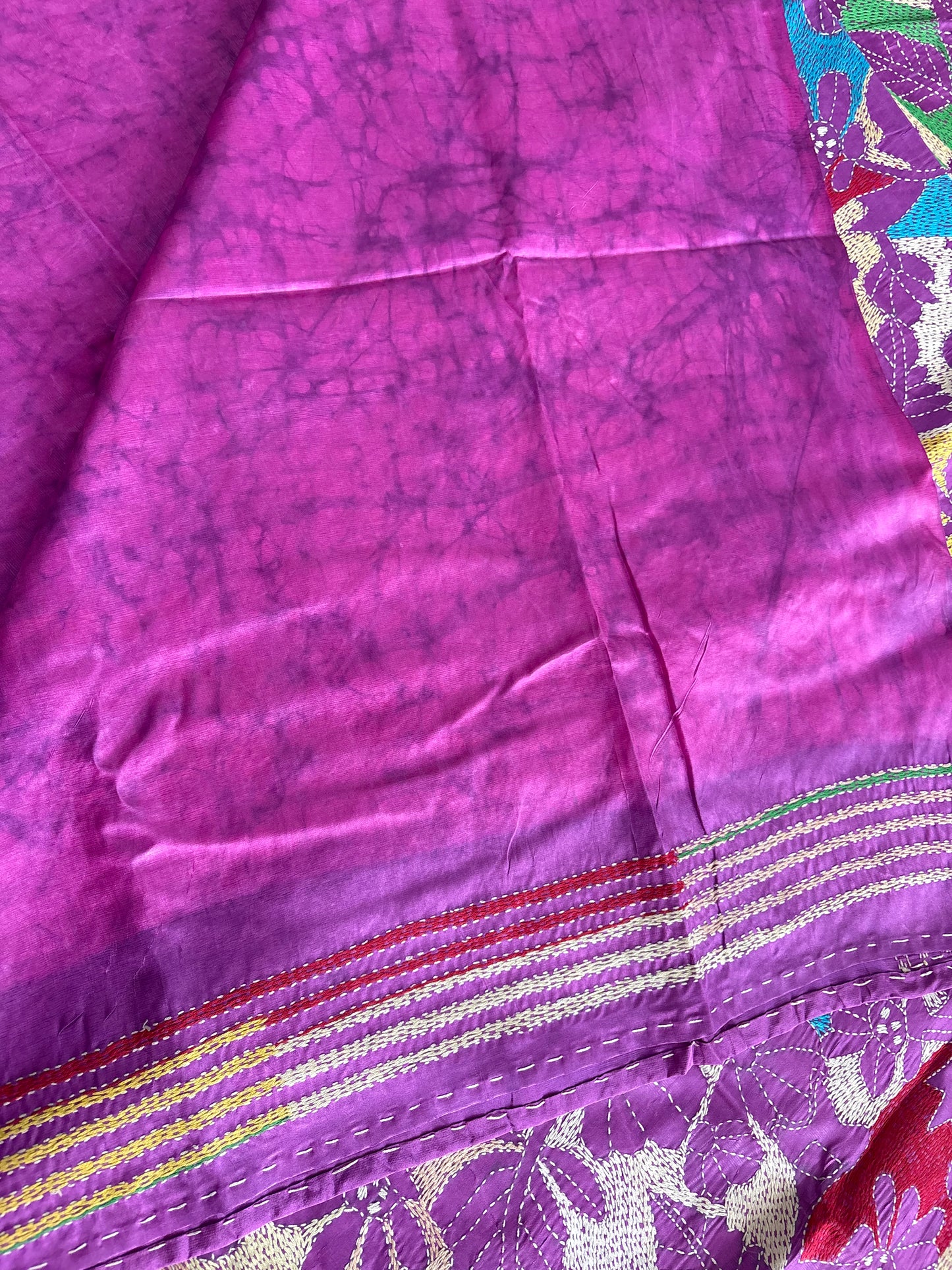 Reverse Kantha Hand Embroidered Blended Banglore Silk/Art Silk Saree With Blouse