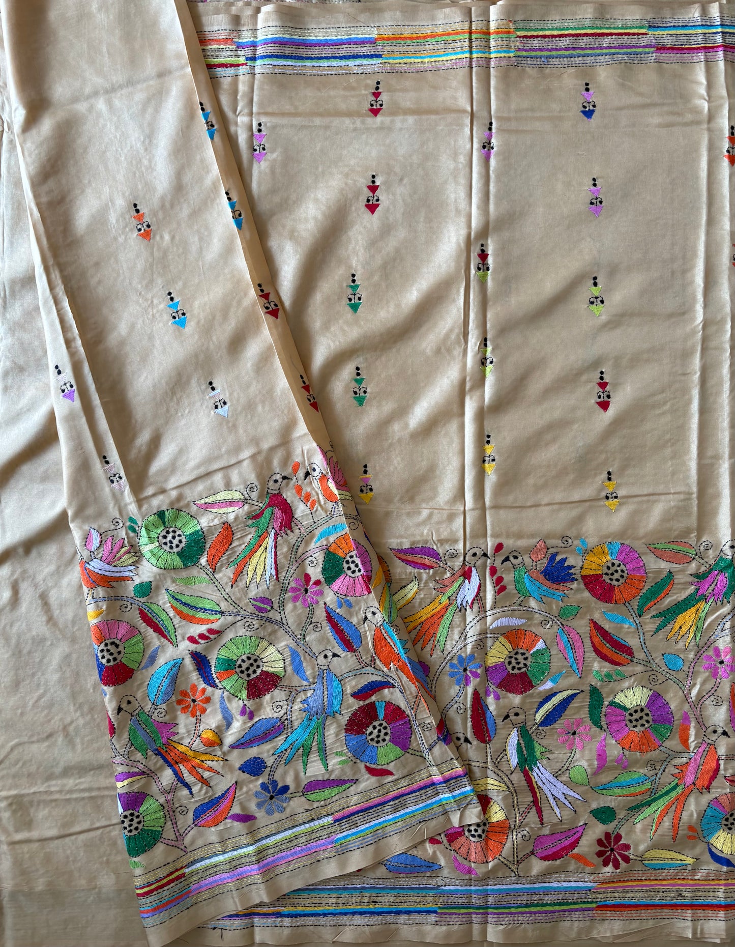Kantha - Stitch Hand Embroidered Saree| Blended Bangalore Silk / Art Silk | Beige