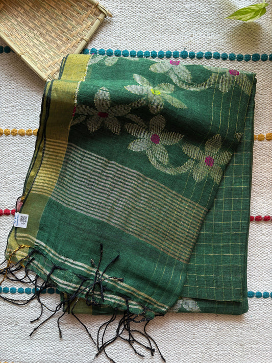 Handloom woven pure Linen By Linen Lata Saree – Green (Handloom Marked)