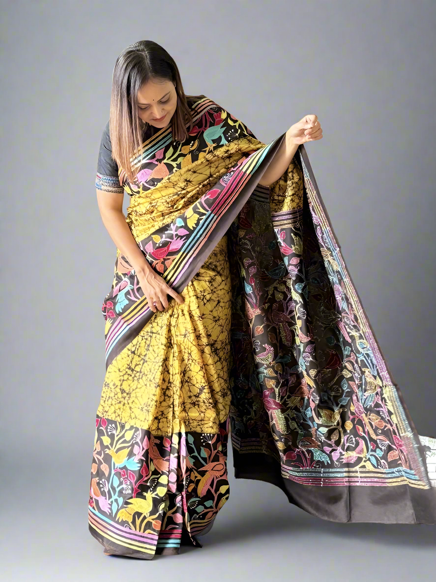 Batik Kantha Stitch Hand Embroidered Pure Banglore Silk Saree (Silk Marked)