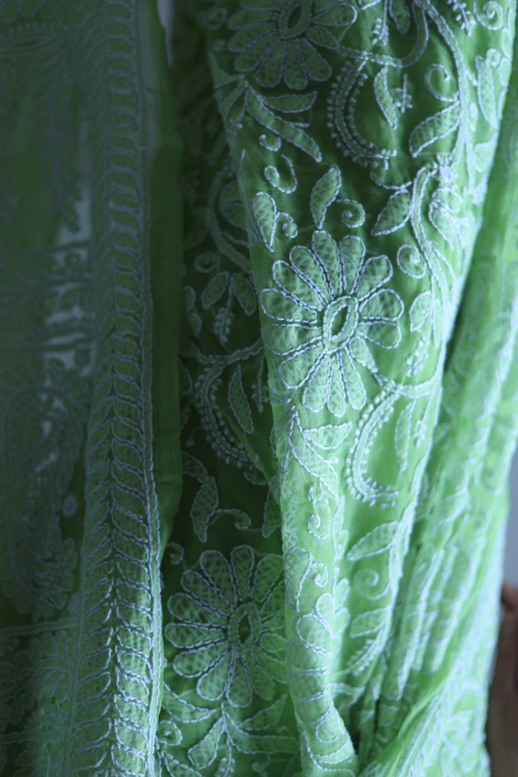 Light Green Georgette Chikankari Work Hand Embroidered Saree