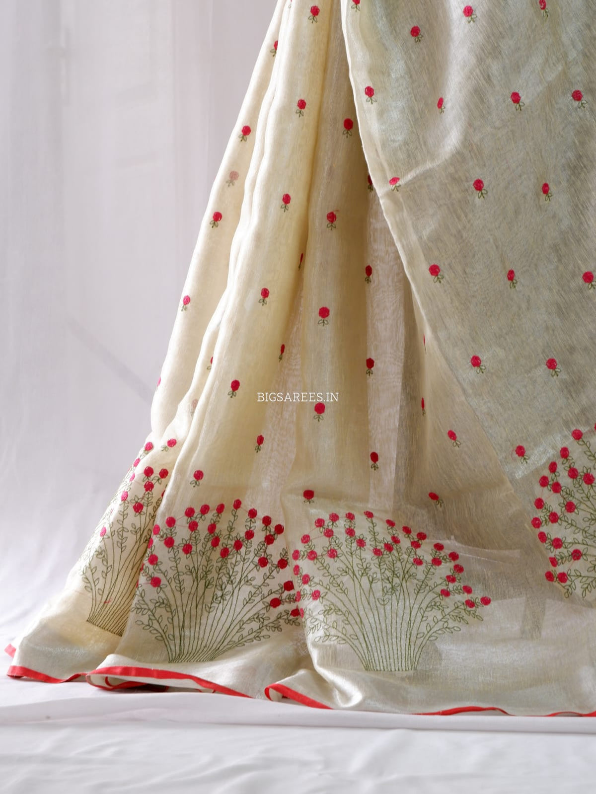 Tissue Linen Blend machine embroidered Saree | Pearl Cream