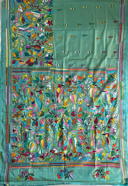 Kantha Stitch Hand Work Embroidered Art Silk Saree With Blouse