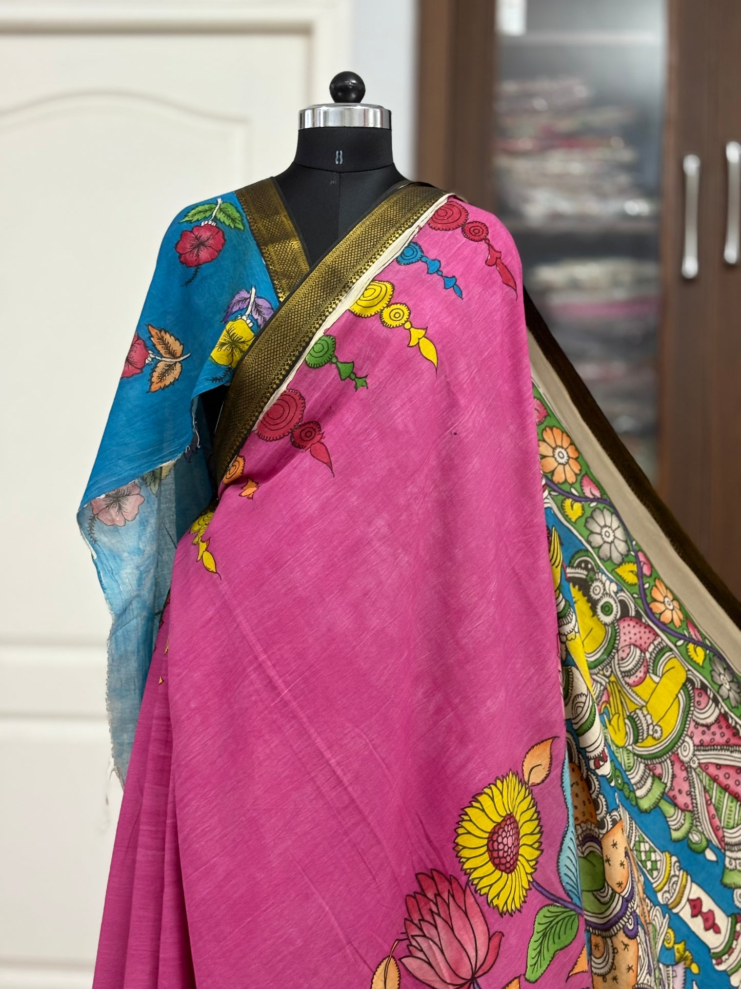 Pen Kalamkari hand painted pure cotton Saree with blouse