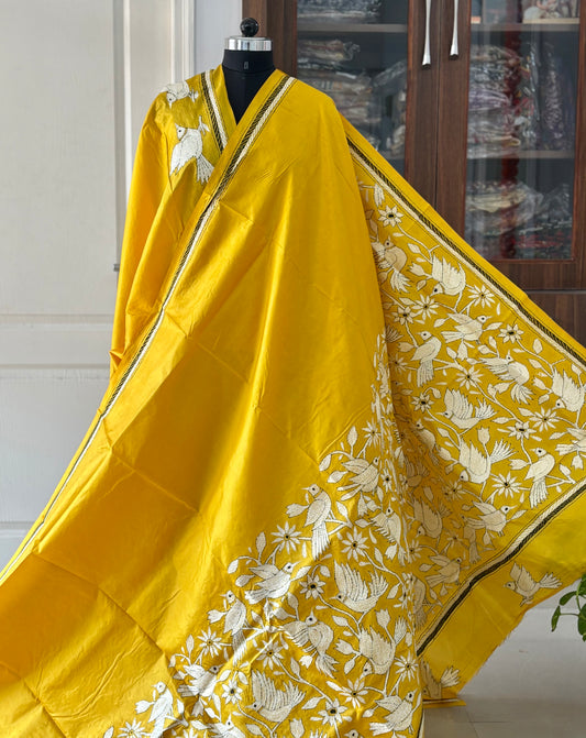 Kantha Stitch Hand Embroidered Pure Banglore Silk Saree (Silk Marked)