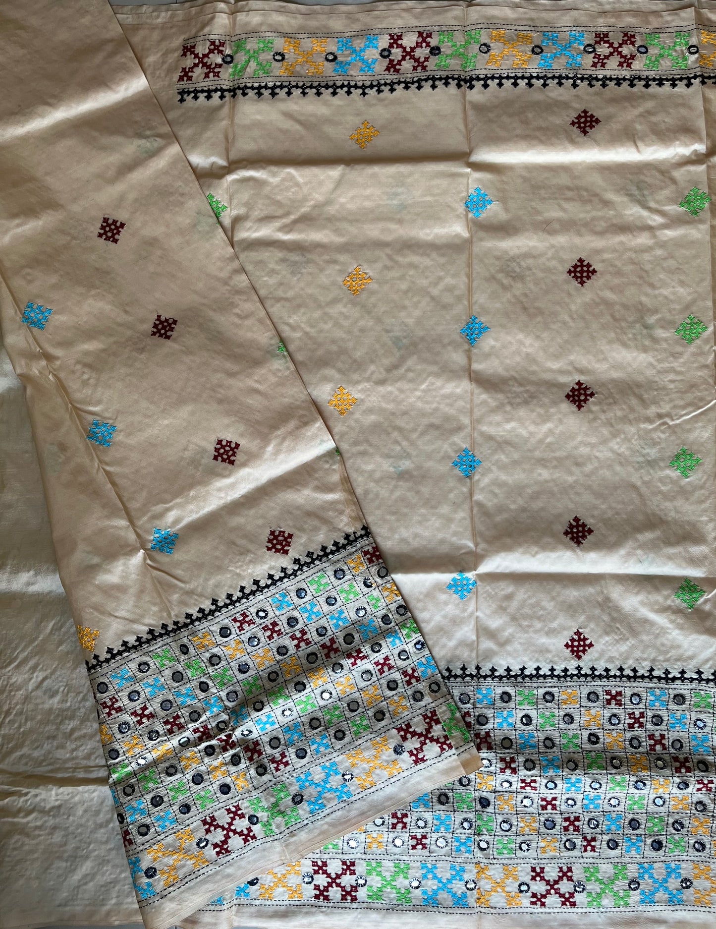 Gujrati/Kutchi Work Hand Embroidered Tusshar Silk Saree