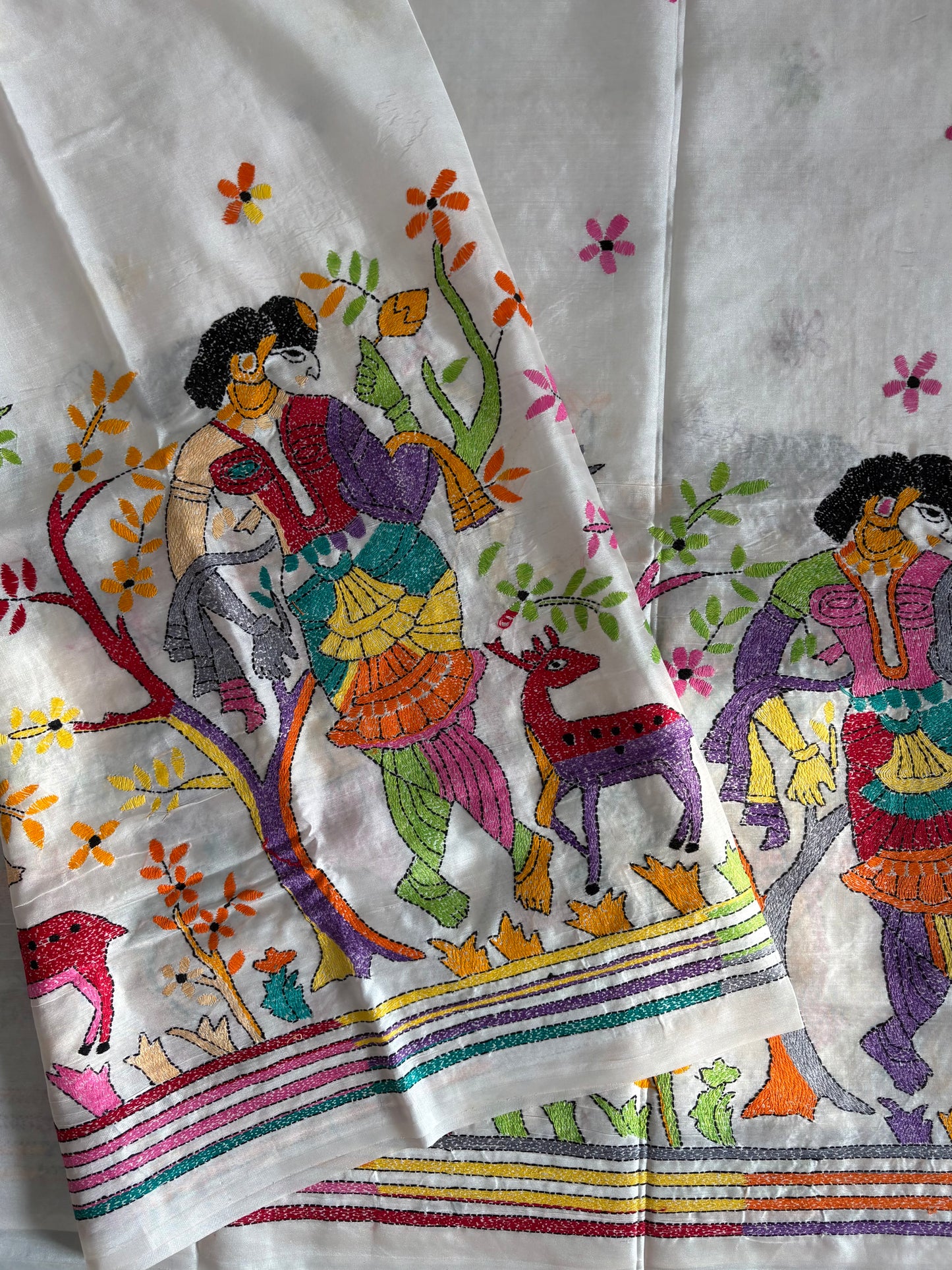 Kantha Hand Embroidered Blended Banglore Silk/Art Silk Saree With Blouse