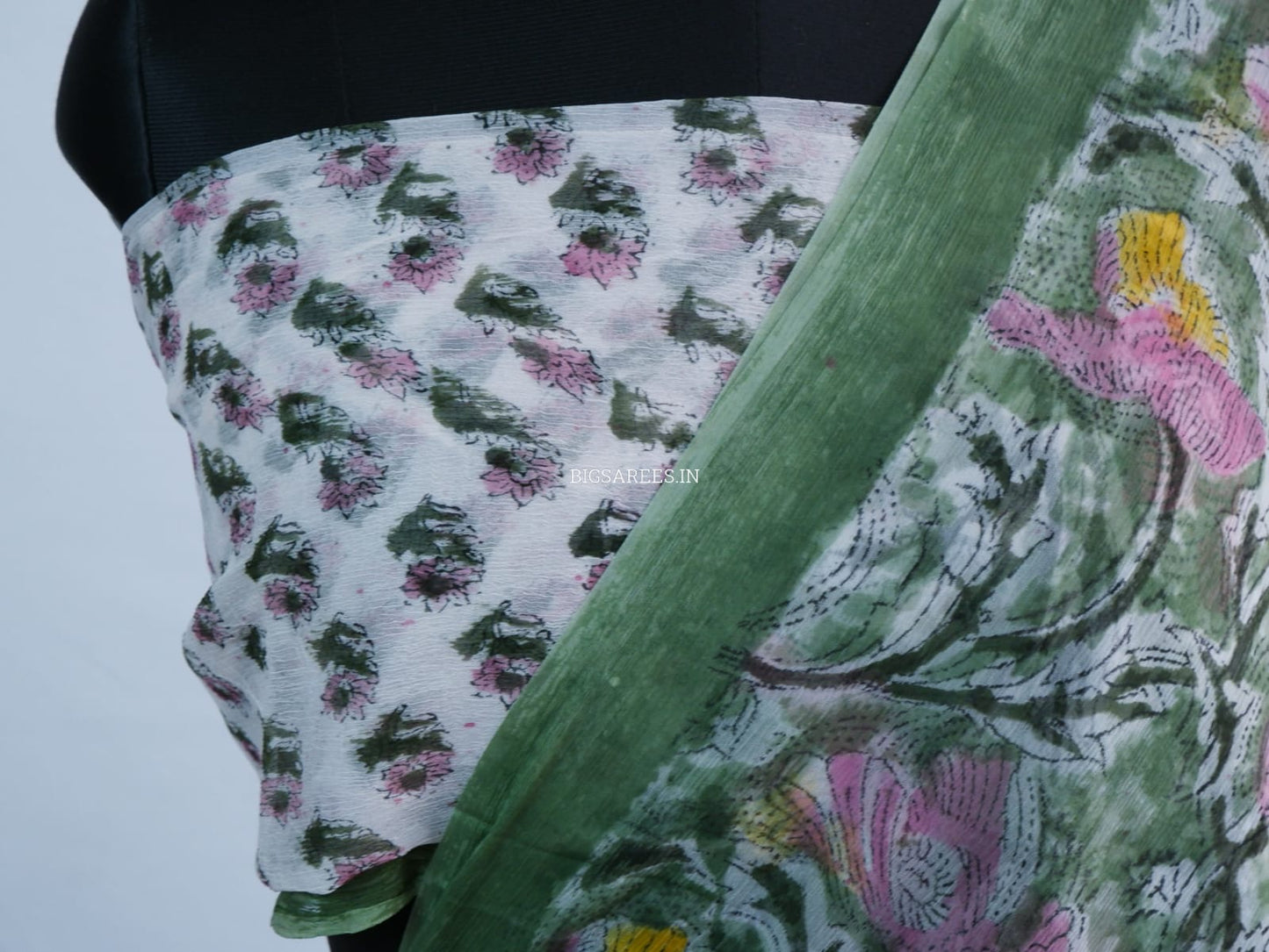 Hand Block Print Saree | Pure Chiffon | Green