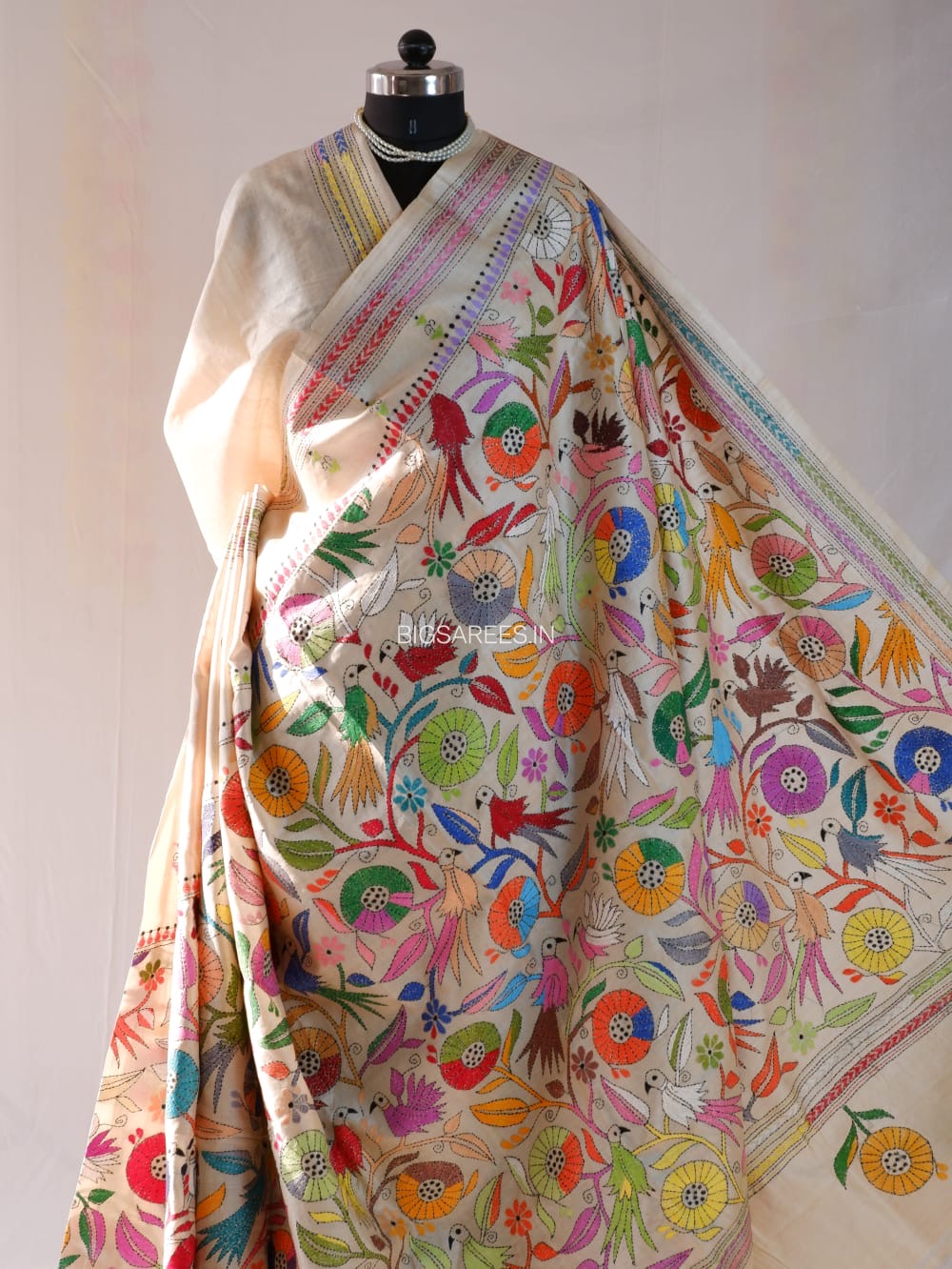 Kantha Stitch Hand Embroidered Saree | Pure Tussar Silk | Silk Mark Certified