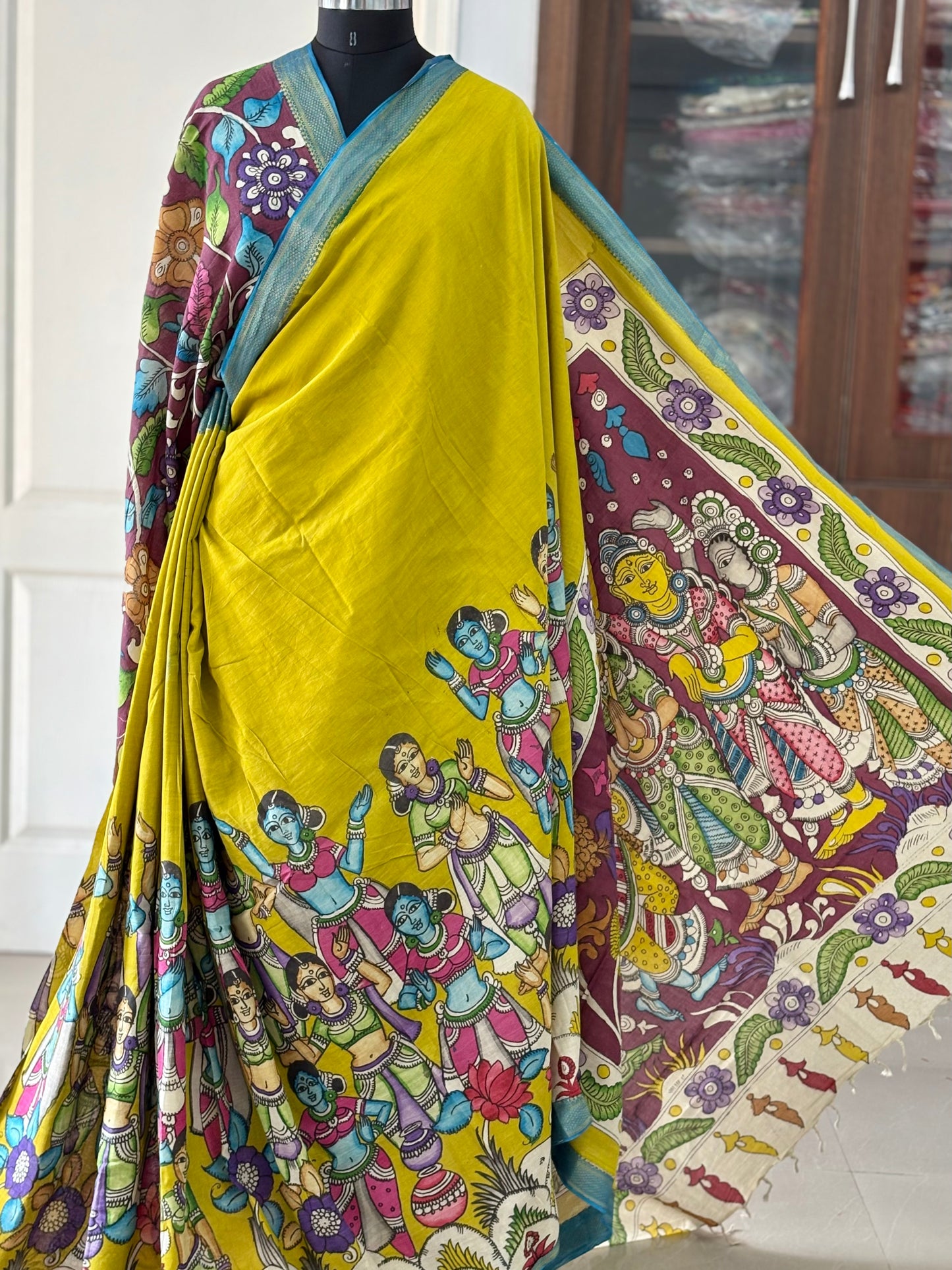 Pen Kalamkari hand painted pure cotton Saree with blouse