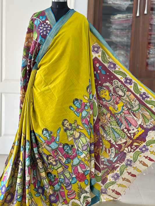 Pen Kalamkari hand painted pure cotton Saree with blouse