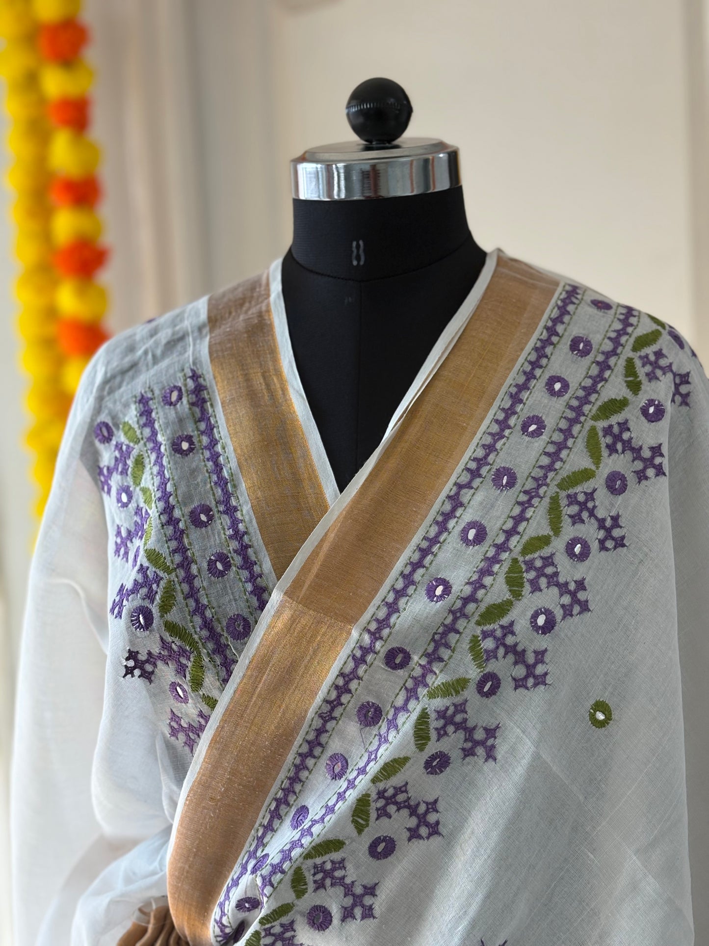 Gujrati Stitch/Kutch Hand Embroidered South Cotton Saree