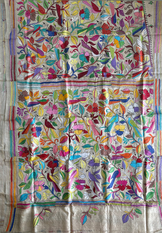 Kantha Stitch Hand Embroidered Pure Gachi Tussar Silk Saree (Silk Marked)