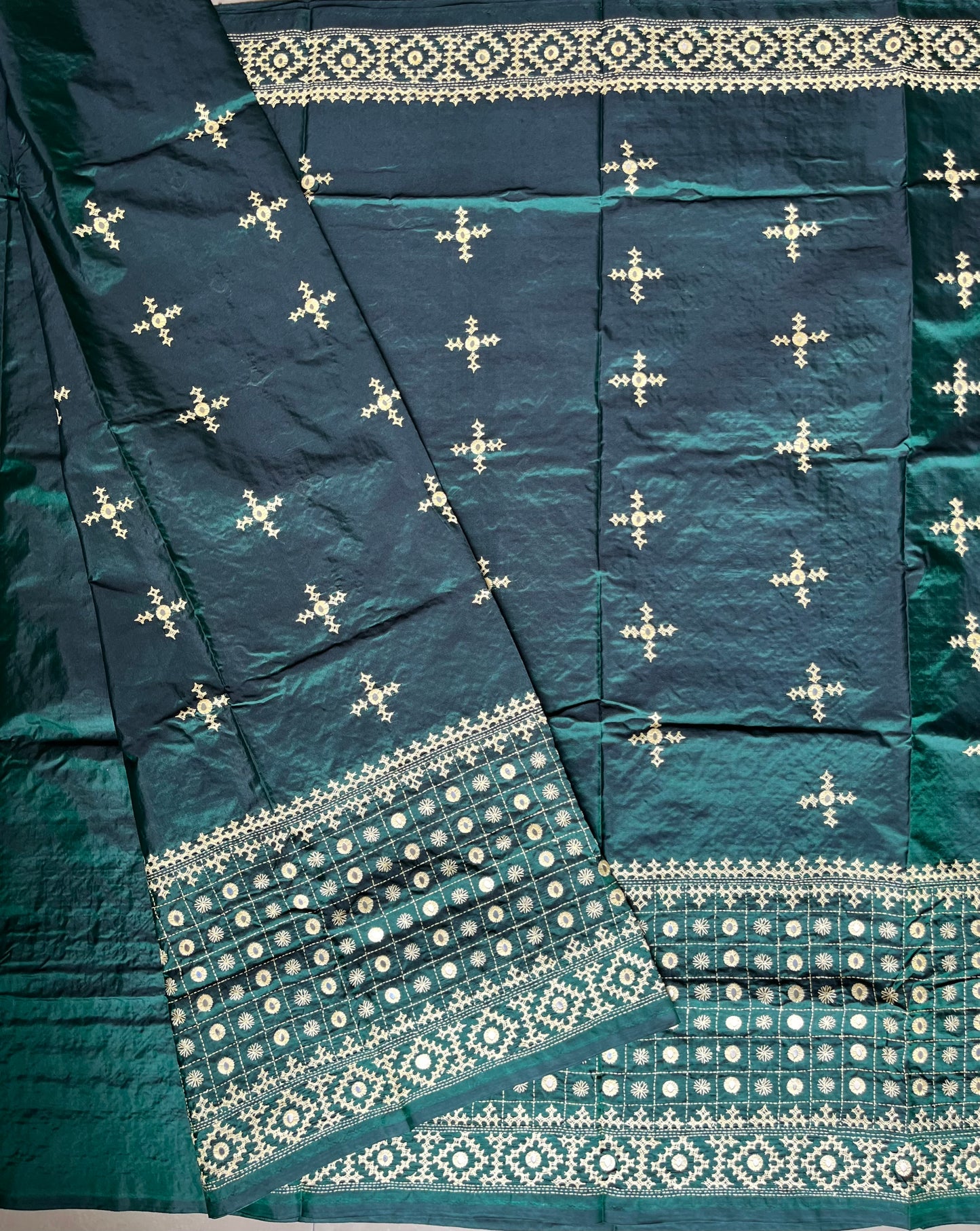 Gujrati Stitch/Kutch Hand Embroidered Art Silk Saree