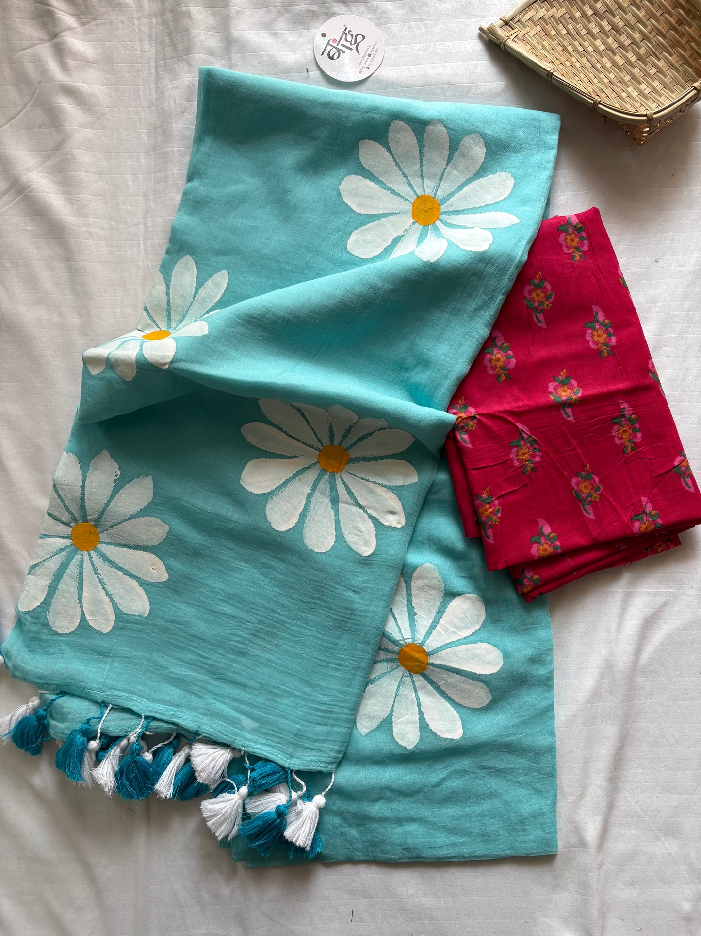 Hand Painted Mul Cotton Saree with Blouse | Sky Blue