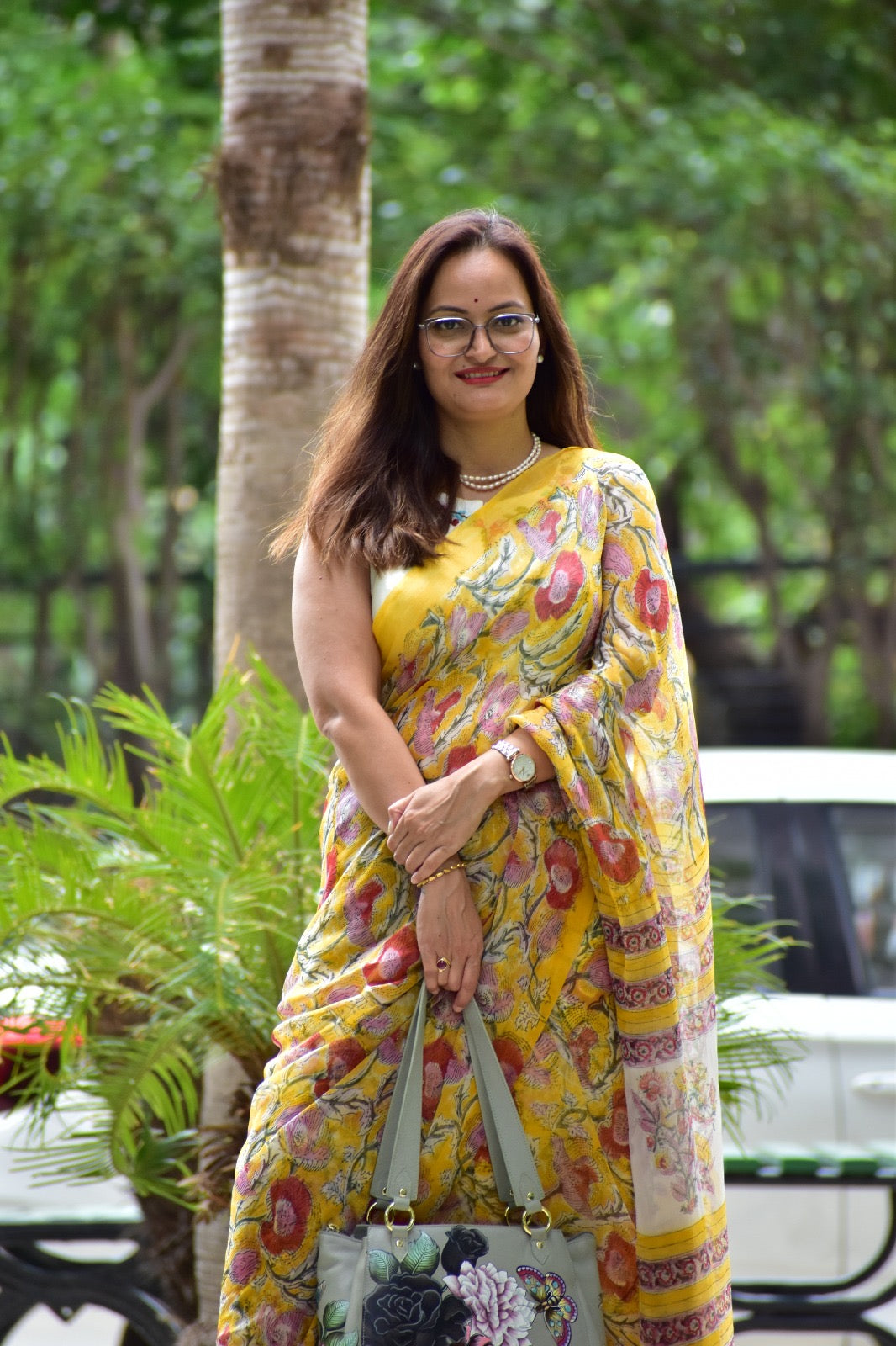 Hand Block Print Saree | Pure Chiffon | Yellow