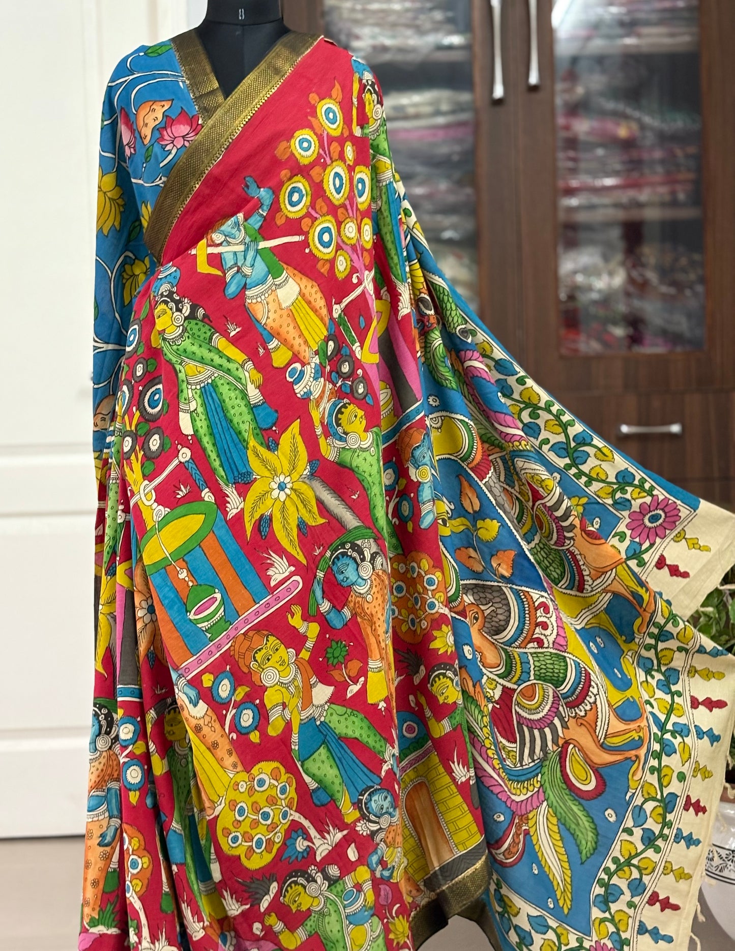 Pen Kalamkari hand painted pure cotton Saree with blouse