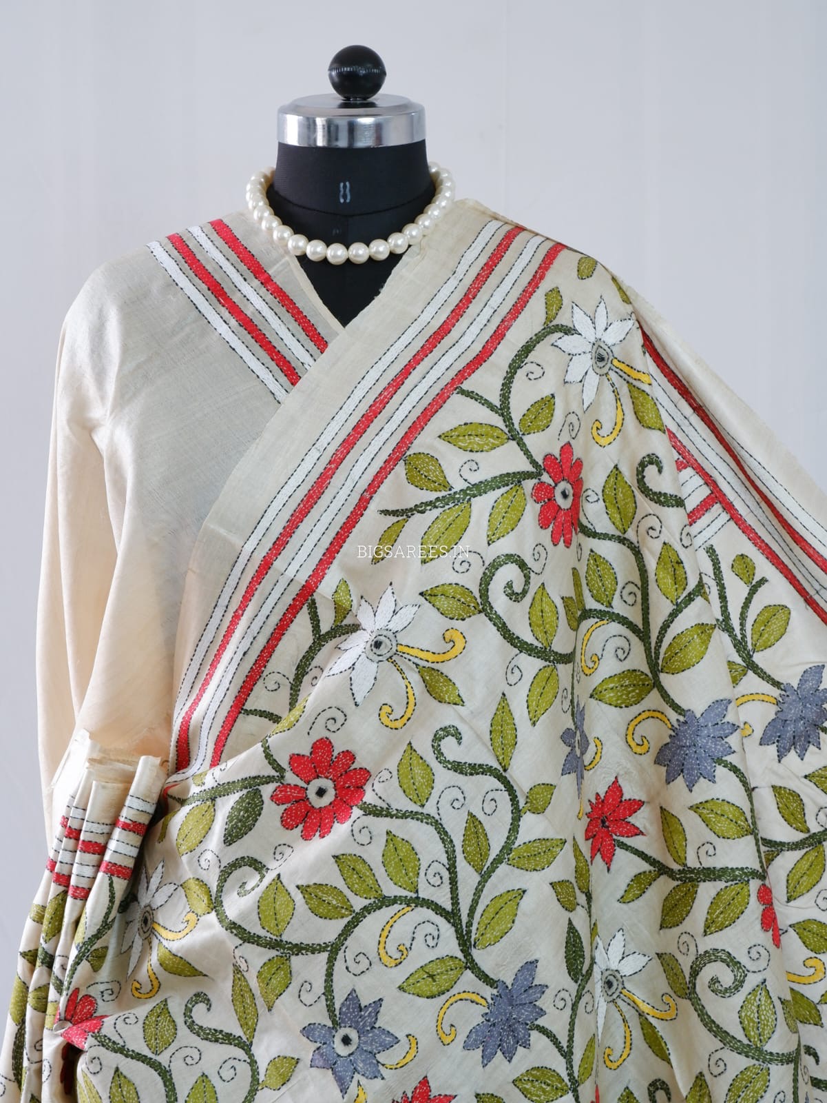 Kantha - Stitch Hand Embroidered Saree | Pure Gachi by Gachi Tussar Silk | Silk Mark Certified | Light Beige