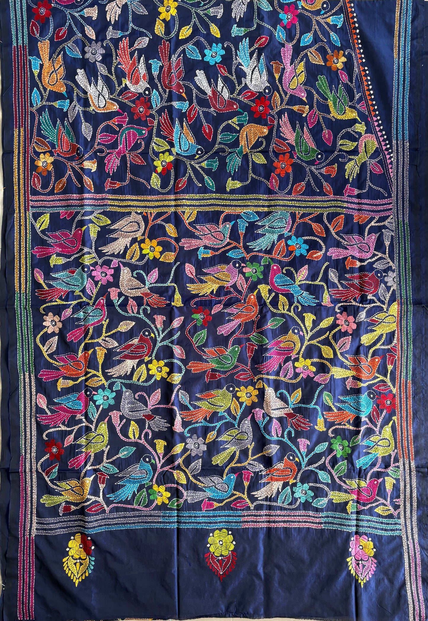 Kantha Hand Embroidered Blended Banglore Silk/Art Silk Saree With Blouse