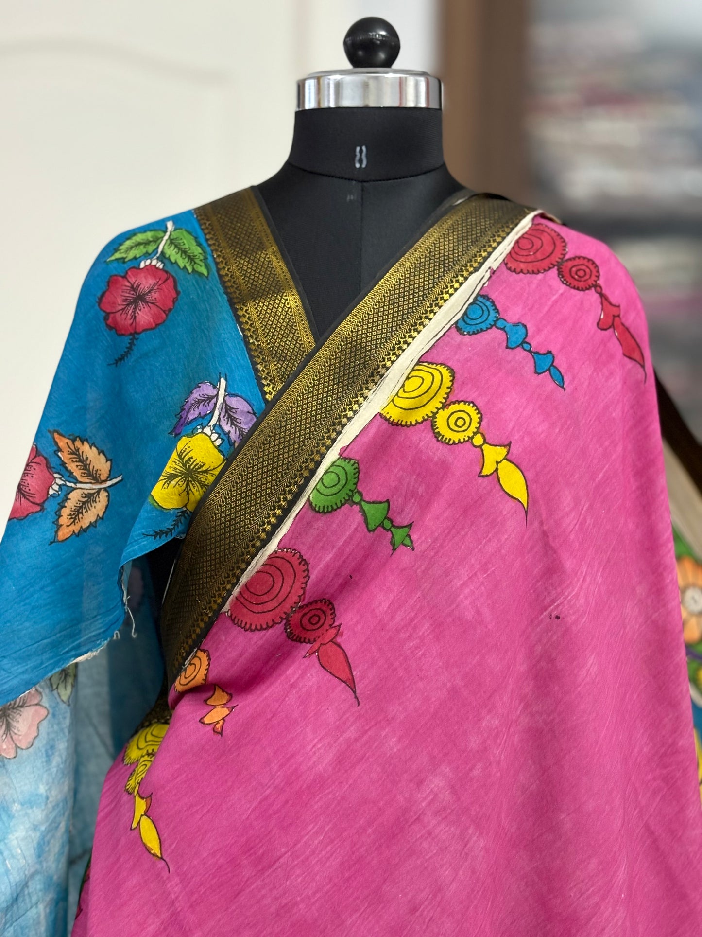 Pen Kalamkari hand painted pure cotton Saree with blouse