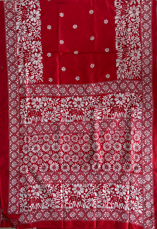 Kantha Hand Embroidered Blended Banglore Silk/Art Silk Saree With Blouse