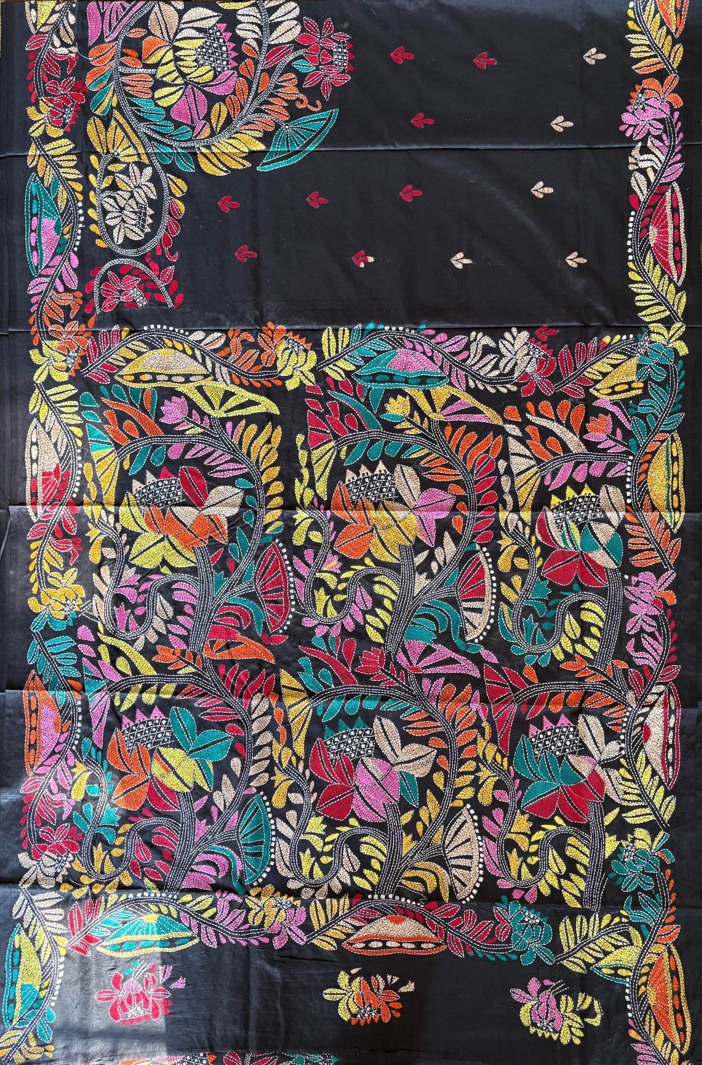 Kantha Stitch Hand Embroidered Art Silk Saree With Blouse