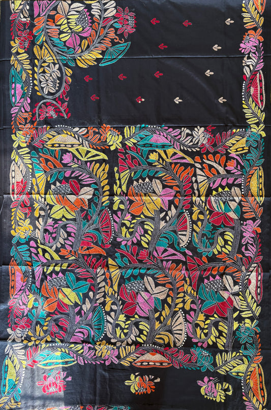 Kantha Stitch Hand Embroidered Art Silk Saree With Blouse