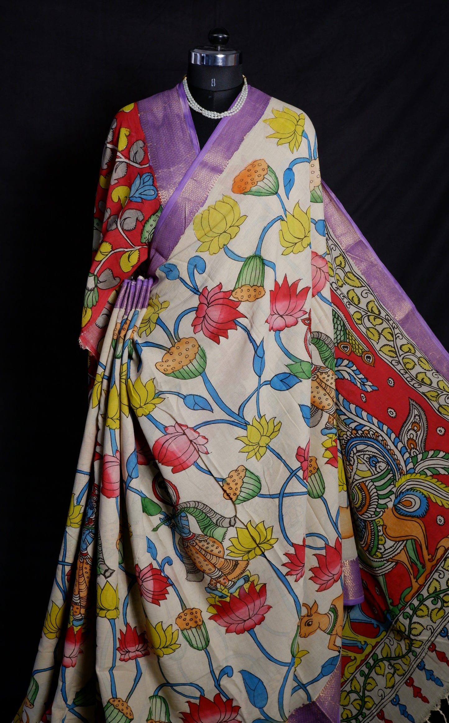 Pen Kalamkari hand painted pure cotton Saree with blouse