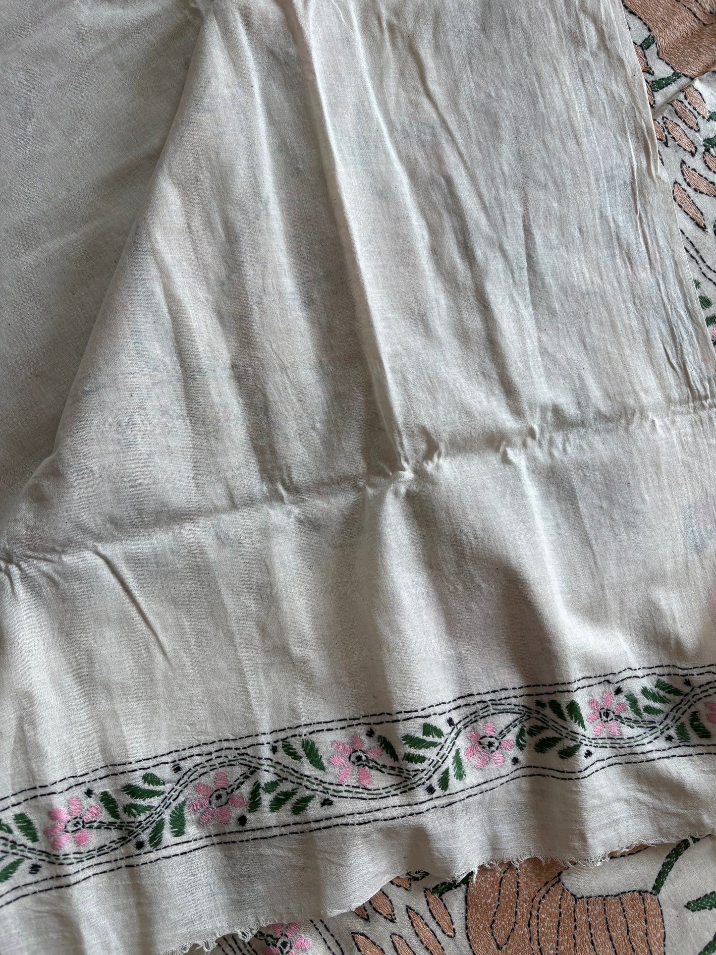 Kantha stitch Khadi Cotton Saree - Off white