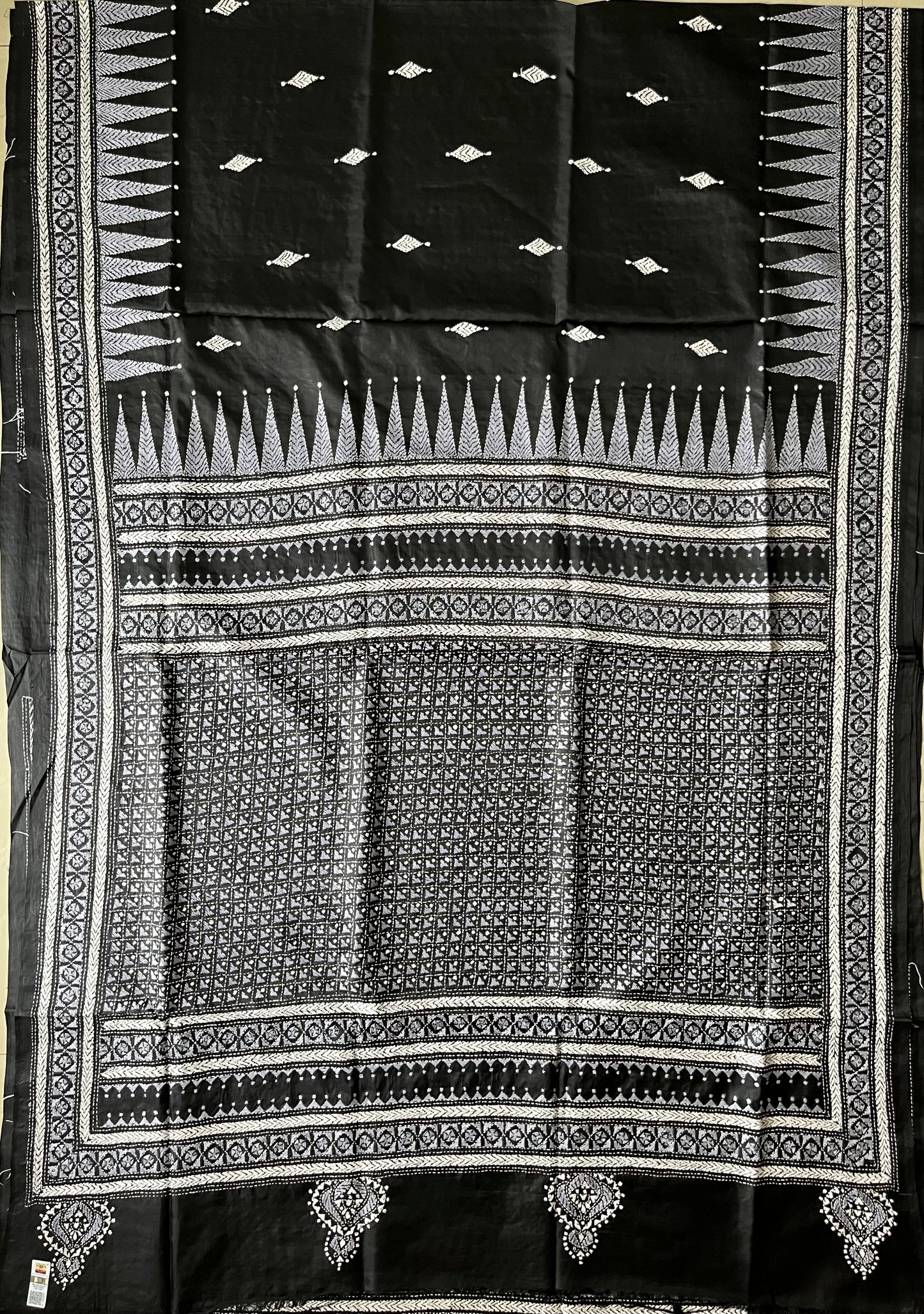 Black Kantha Stitch Hand Embroidered Pure Banglore Silk Saree (Silk Marked)