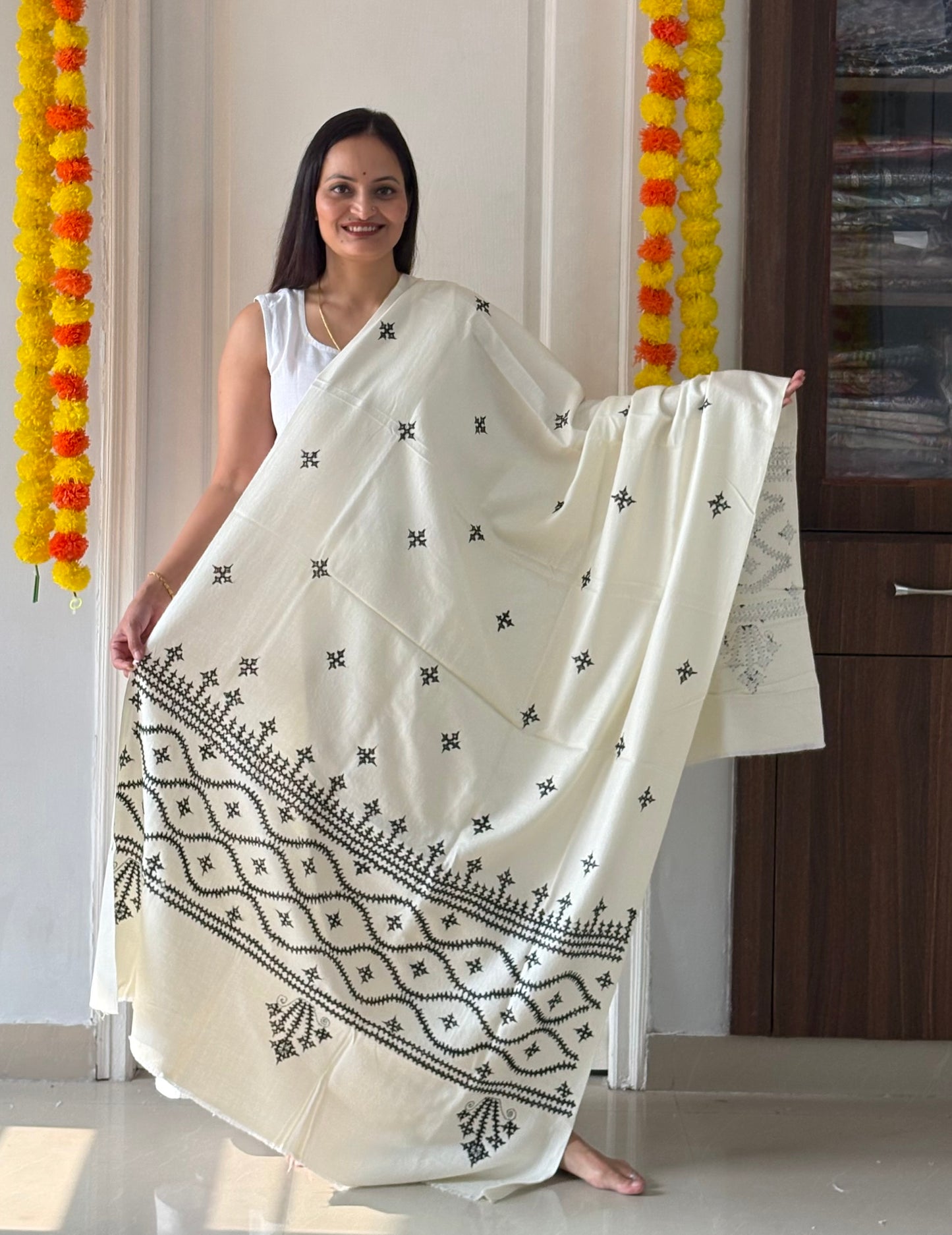 Gujrati Stitch Hand Embroidered Woollen Warm Shawl (off white)