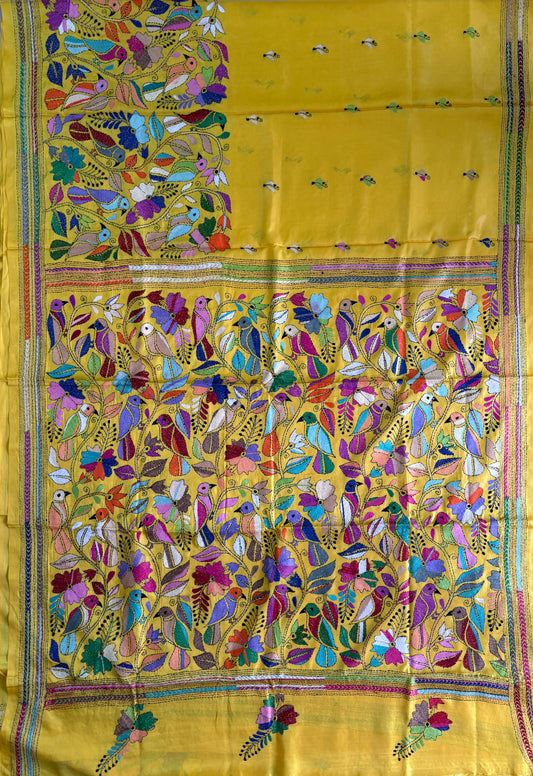 Yellow Kantha stitch Saree in blended Bangalore Silk / Art Silk