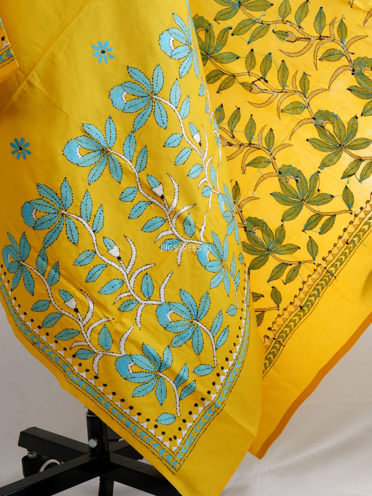 Hand-Embroidered Kantha Stitch Dupatta | Khadi Cotton | Yellow
