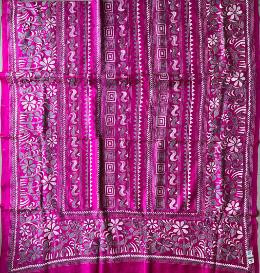Rani Pink Kantha Stitch Hand Embroidary Full Work Pure Banglore Silk Dupatta. (With Silk Mark)