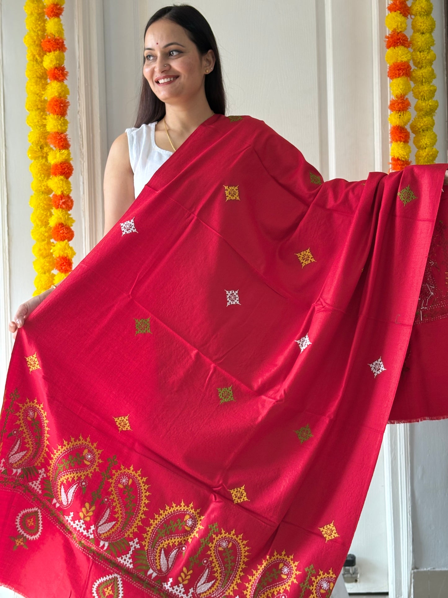 Gujrati Stitch Hand Embroidered Woollen Warm Shawl