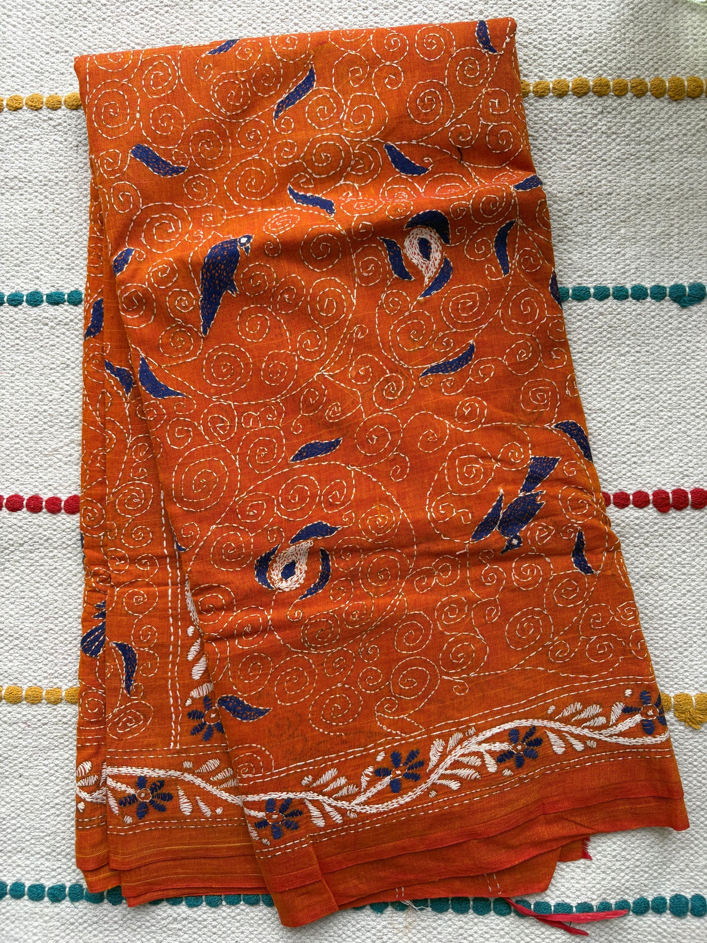 Kantha Hand-Embroidered Saree | Pure Khadi Cotton | Orange