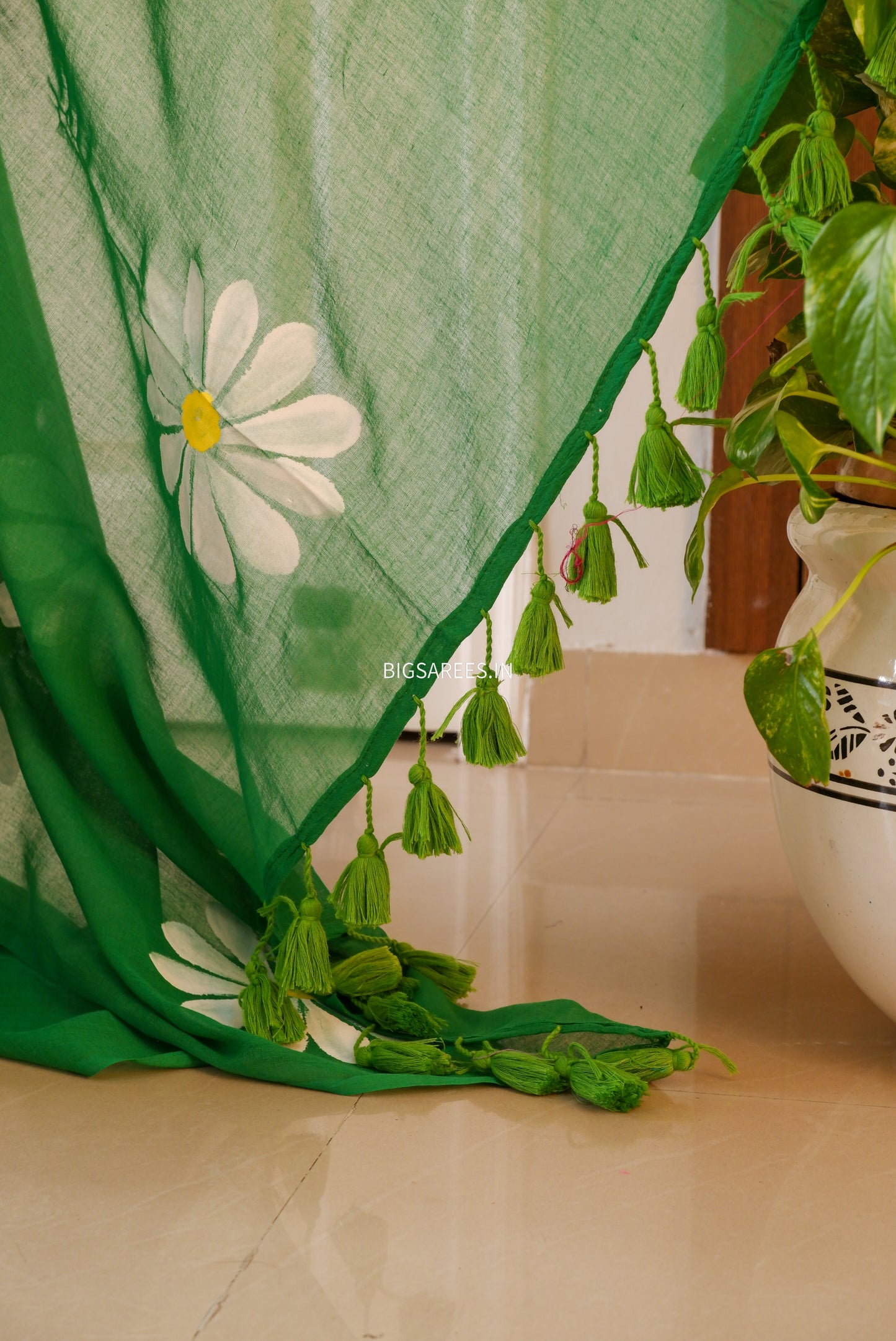 Hand Painted Mul Cotton Saree with Blouse | Green