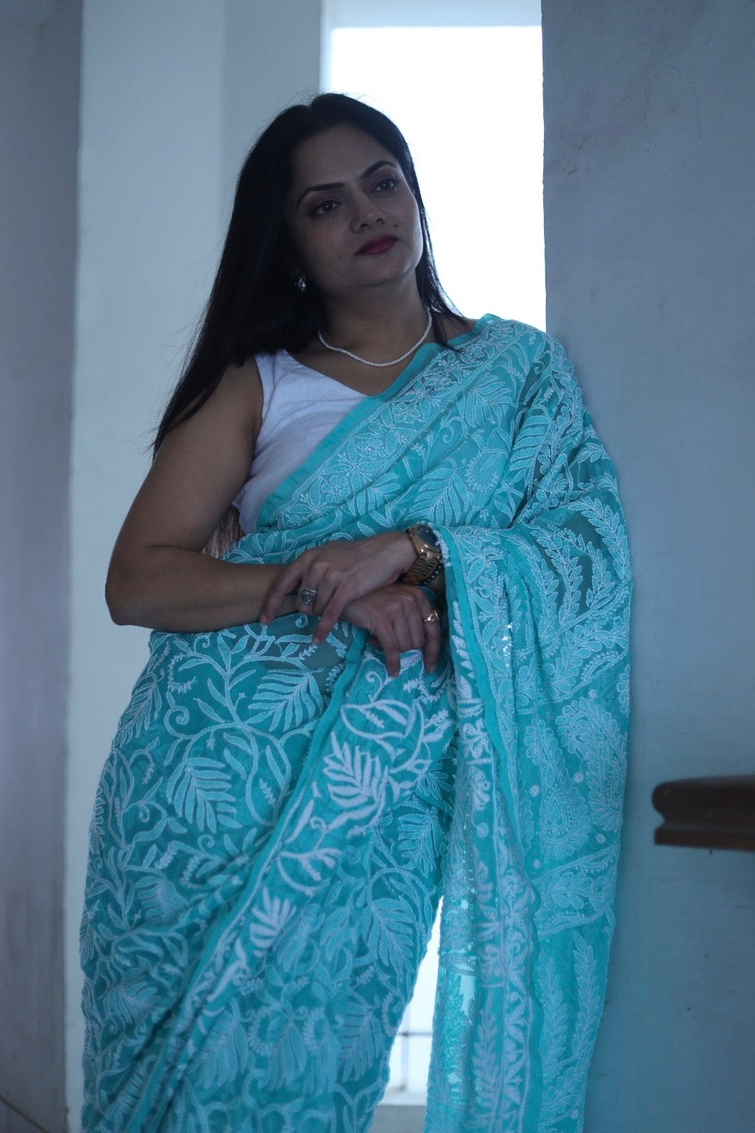 Blue Georgette Chikankari Work Hand Embroidered Saree