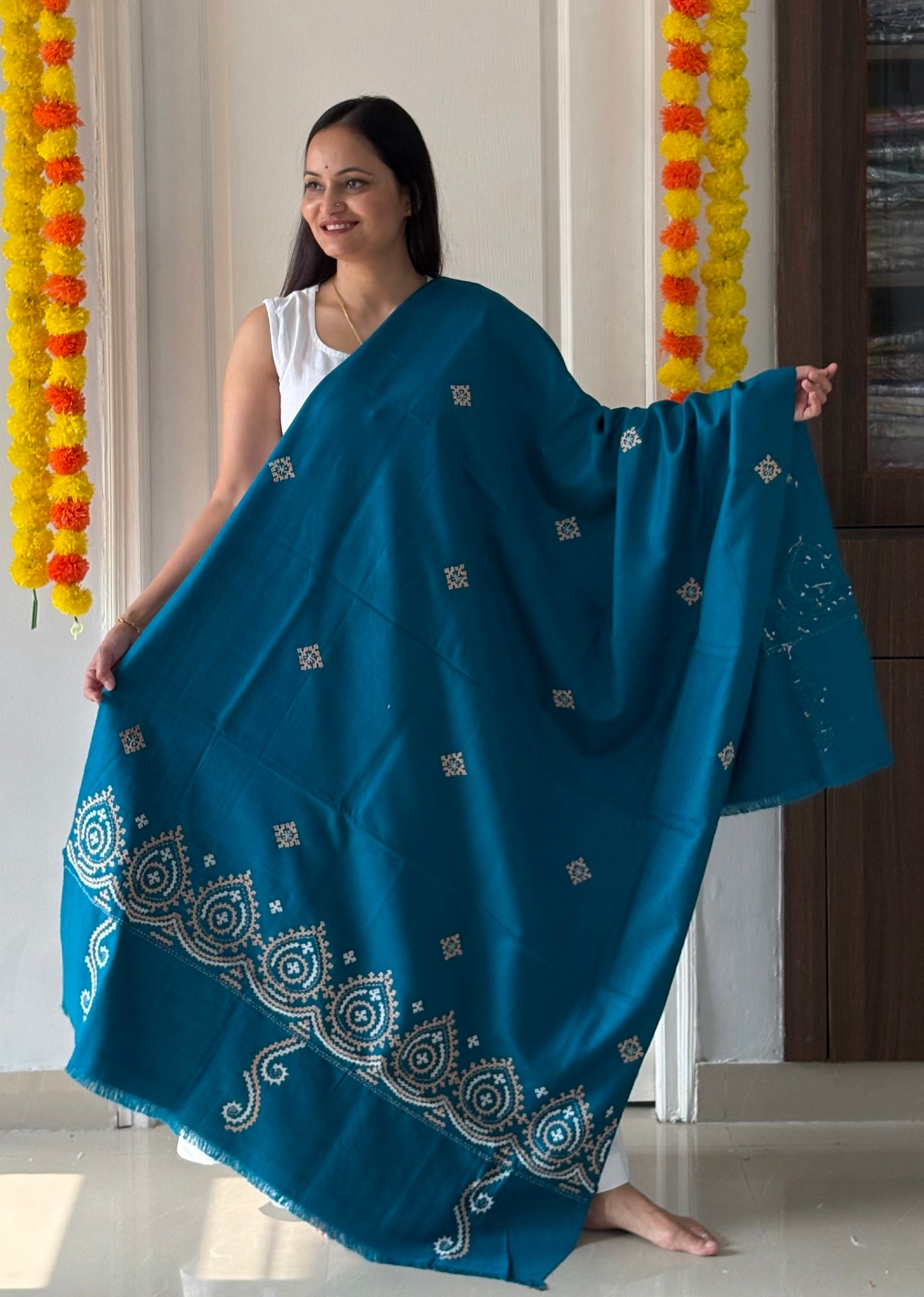 Gujrati Stitch Hand Embroidered Woollen Warm Shawl