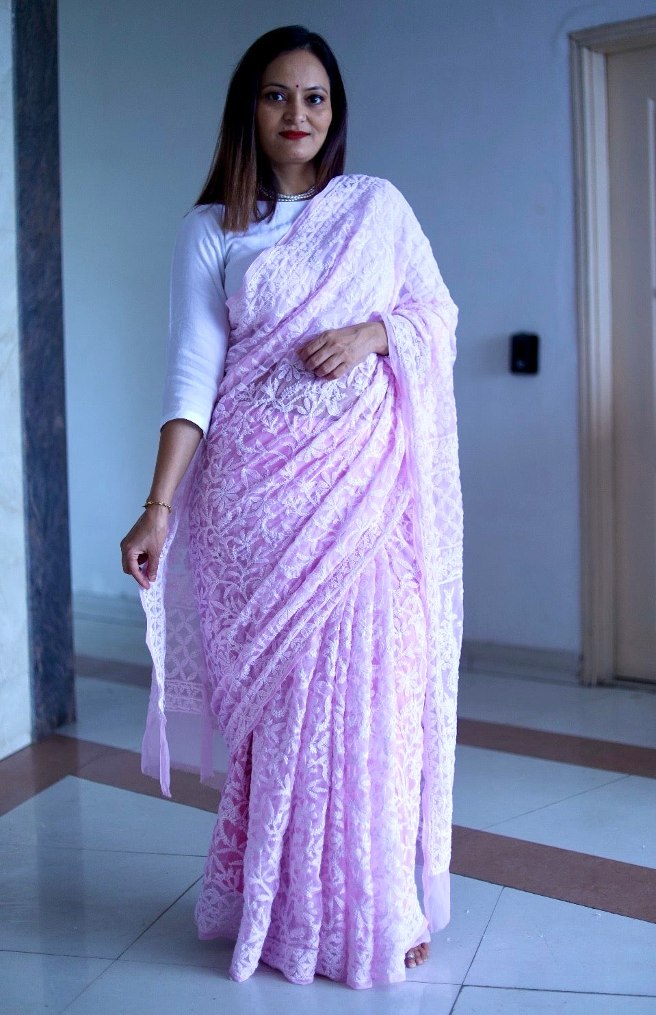 Light Pink - White Georgette Chikankari Work Hand Embroidered Saree