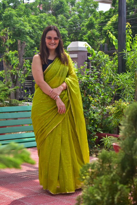 Polka Dot Saree With Blouse | Mul Cotton | Green