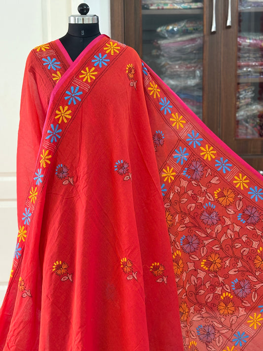 Kantha stitch Hand Embroidered Pure mul Cotton Saree