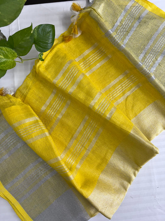 Yellow Silver pure Linen By Linen Saree With running Blouse