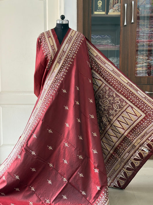 Kantha Stitch Hand Embroidered Pure Banglore Silk Saree (Silk Marked)
