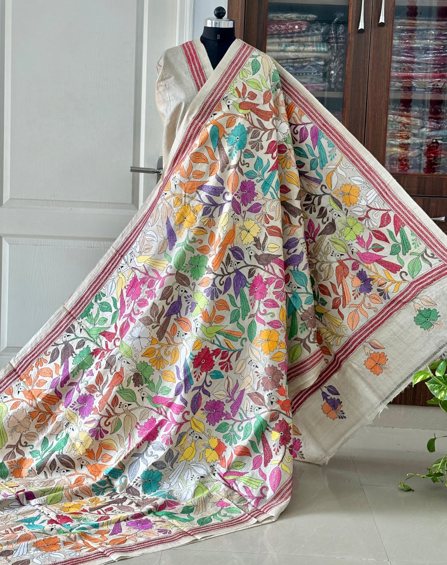 Kantha Hand Embroidered Pure Gachi Tassar Silk Saree - Silk Marked