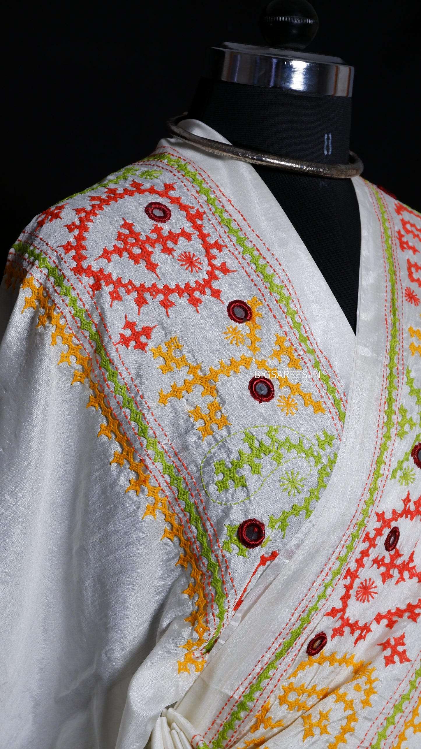 Heavy real mirror work Gujrati Stitch/Kutchi Bharat/Sindhi Hand Embroidered Art Silk Saree with blouse - off white