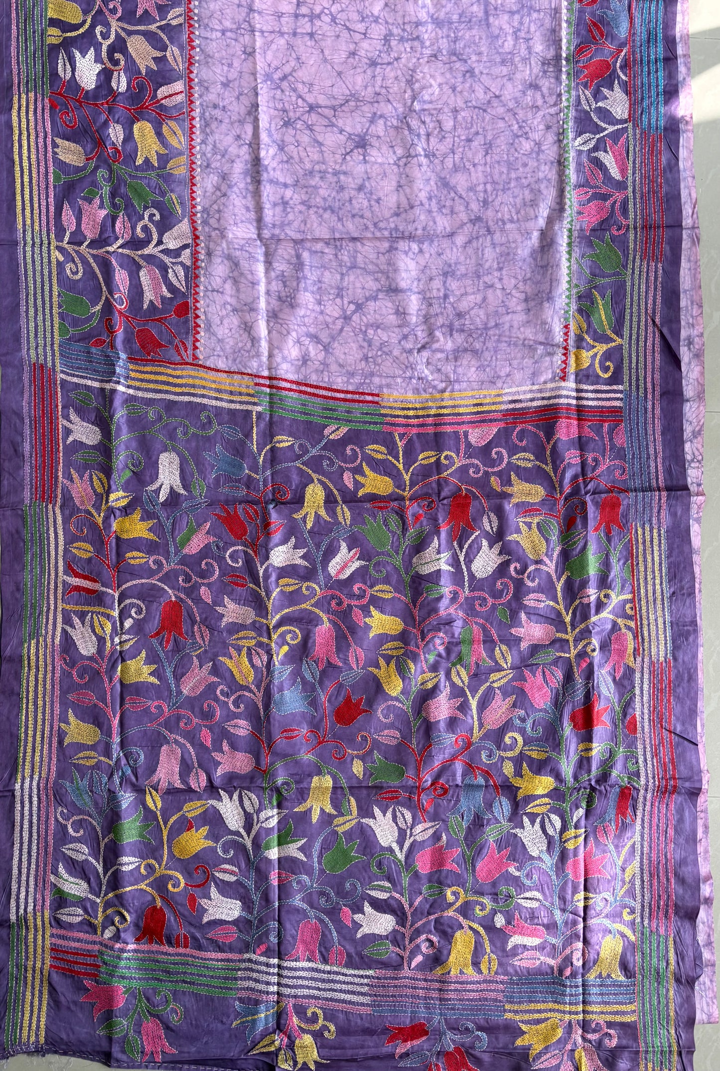 Kantha Hand Embroidered Blended Banglore Silk/Art Silk Saree With Blouse