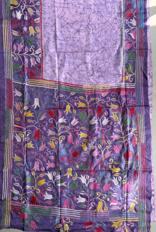 Kantha Hand Embroidered Blended Banglore Silk/Art Silk Saree With Blouse