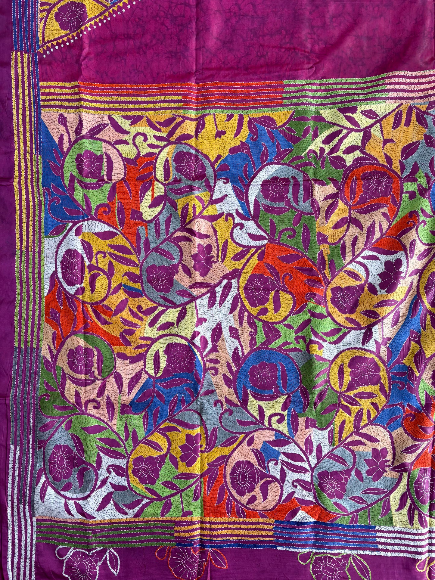 Reverse Kantha Stitch Hand Embroidered Art Silk Saree With Blouse